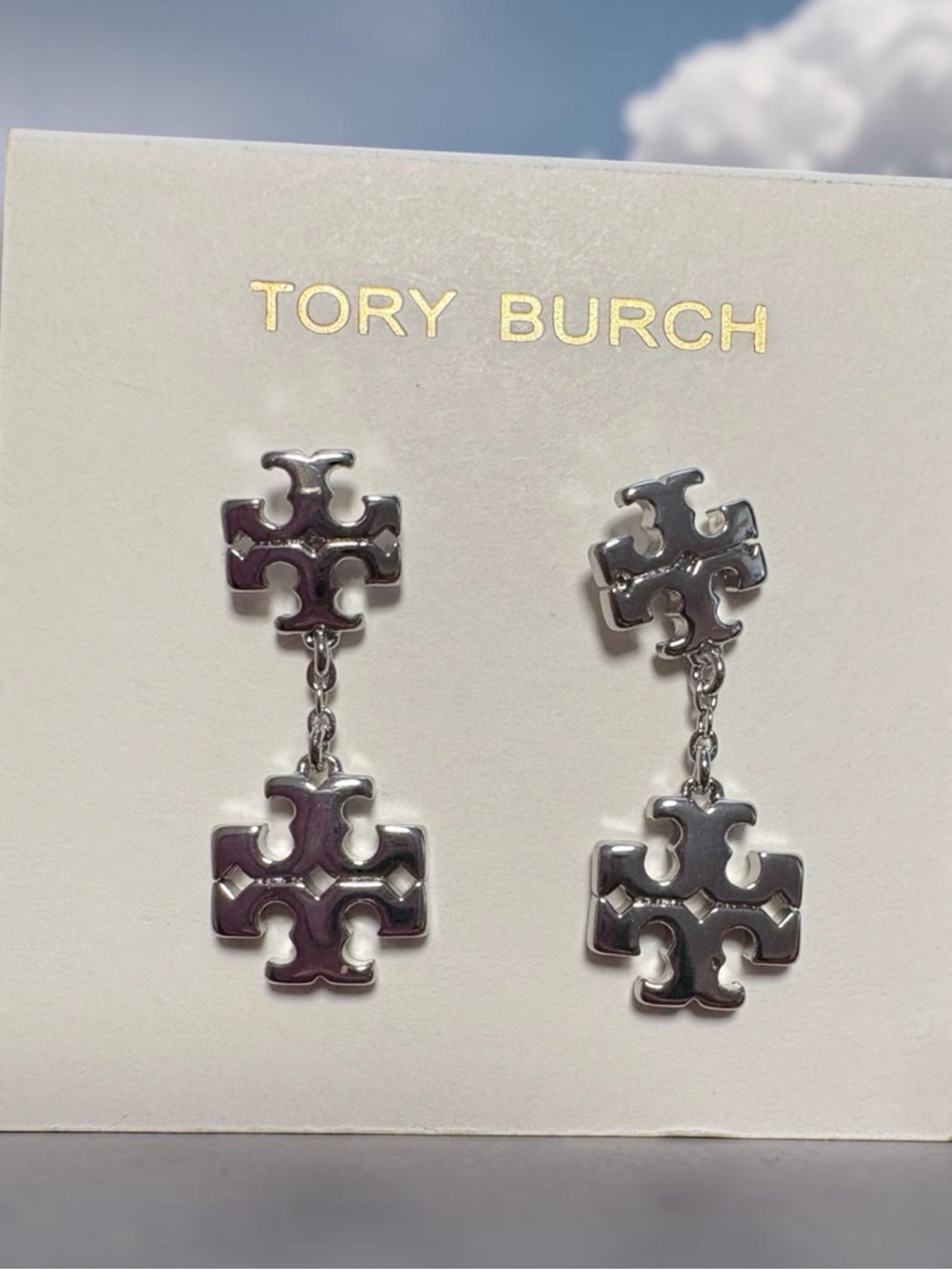 Tory Burch Silver Double-Logo Dangle Earrings